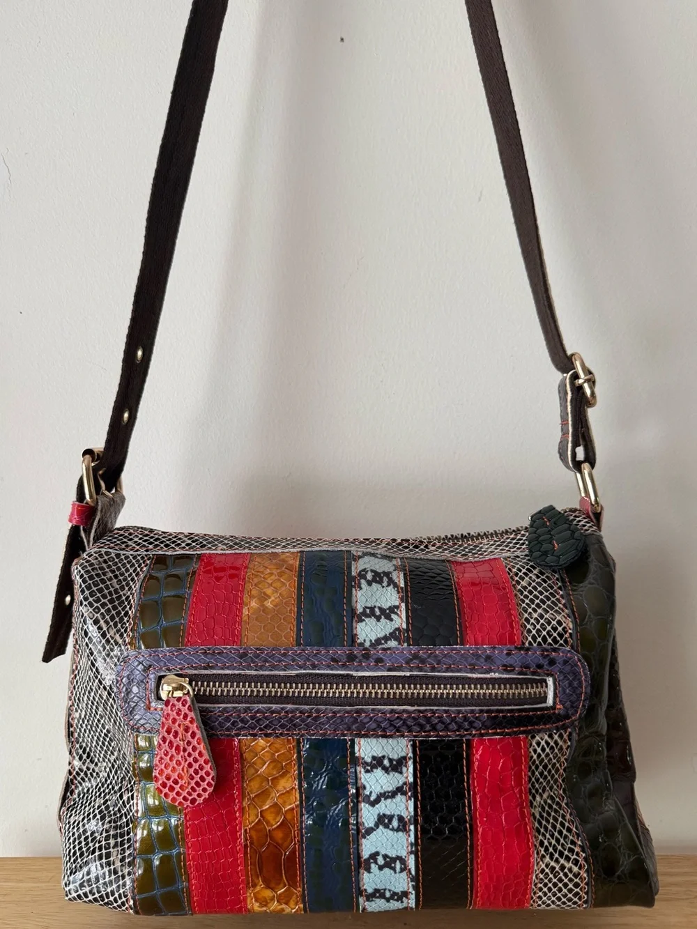 Chaos Patchwork Genuine Leather Crossbody Bag Multicolor Snake Croc Embossed